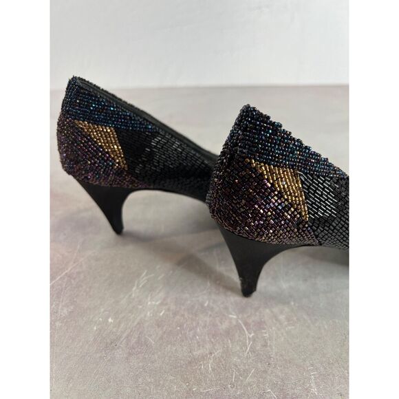 Vintage J.‎ Renee Black Beaded Heels Size 7M 80s Party Retro - Picture 2 of 10